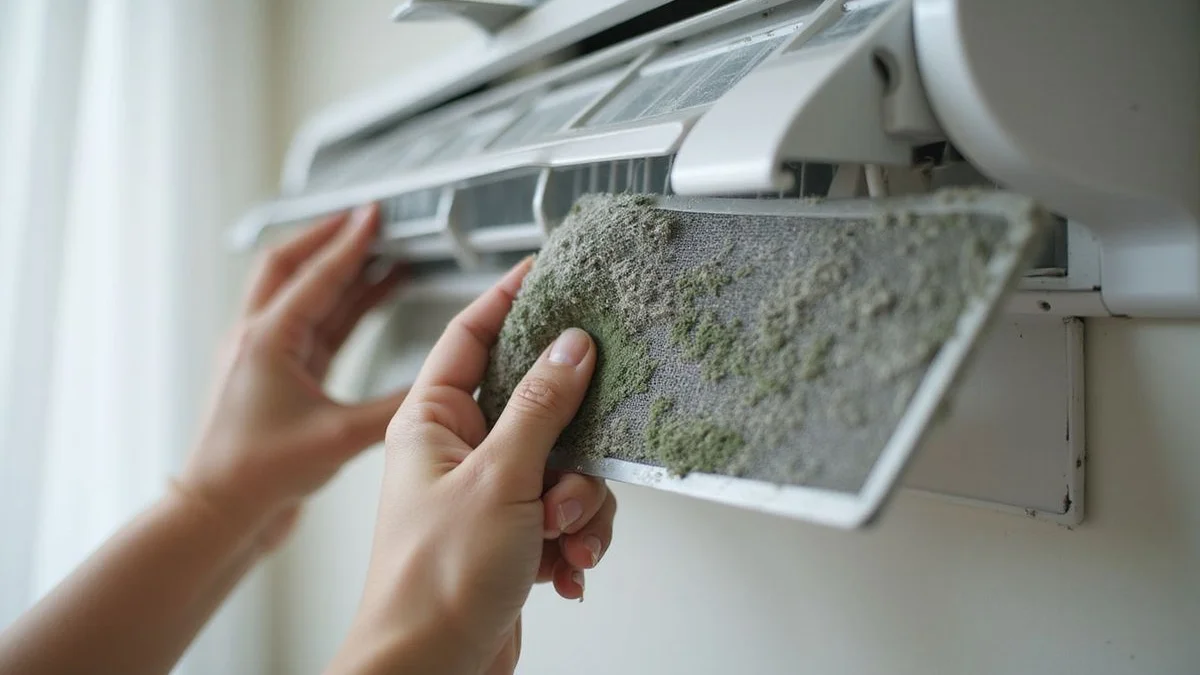 Comic pop-art illustration of aircon emitting four colour-coded smell waves for mould, sour, burning, and dust