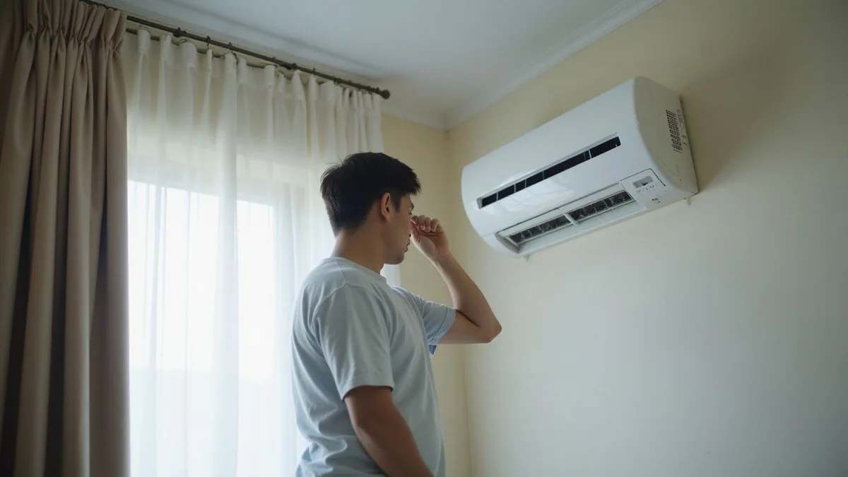 Comic pop-art illustration of aircon with three sound effects: RATTLE, HUMMM, BZZT