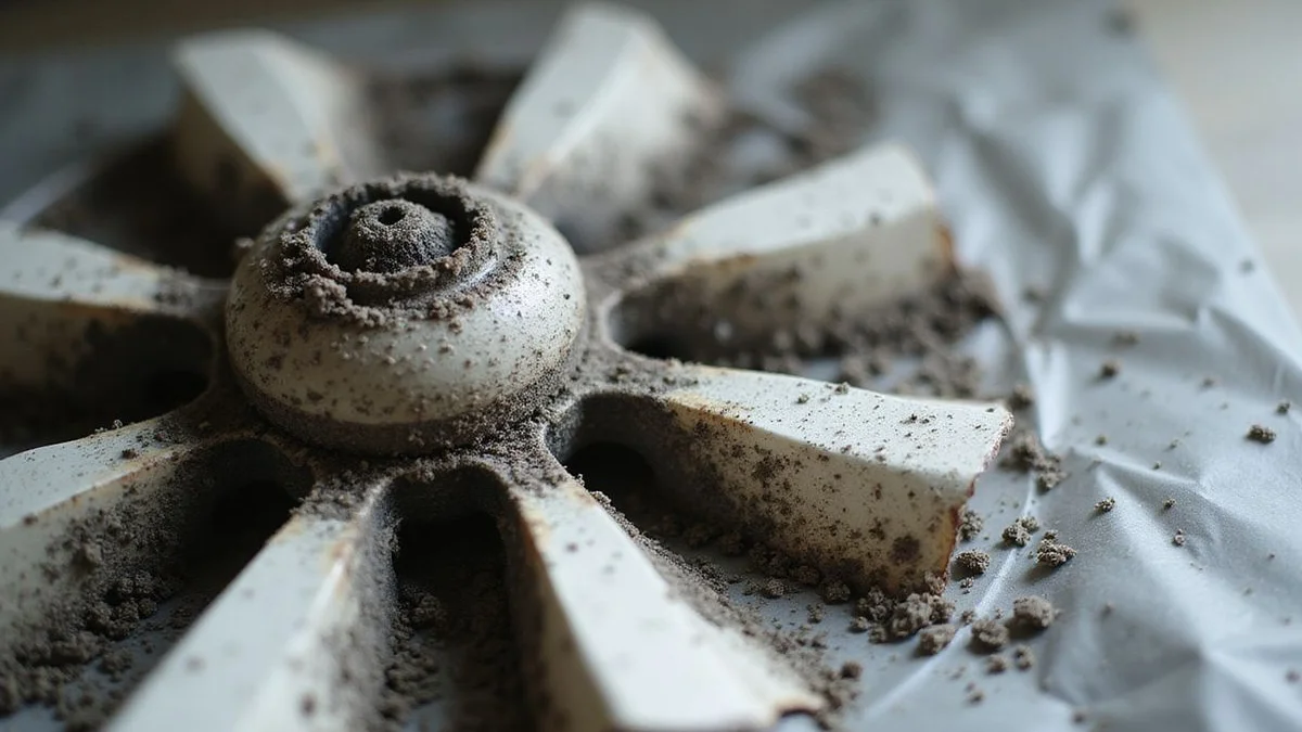 Close-up of black mould spots on aircon blower wheel with warning indicators, comic pop-art style