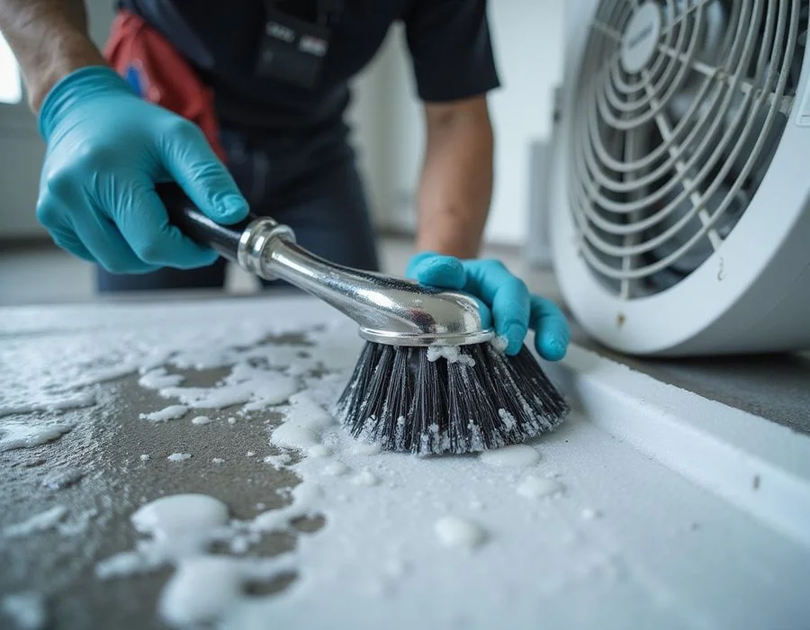 Blower wheel being brushed clean after a full chemical solution soak
