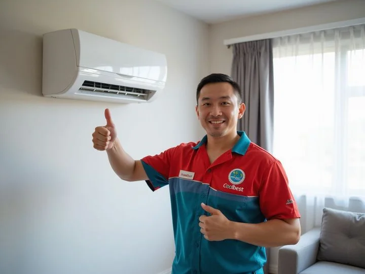 Coolbest technician smiling beside a freshly-serviced aircon indoor unit