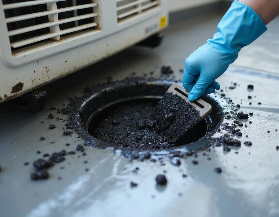 Drainage tray being cleaned of slime and sludge before reassembly