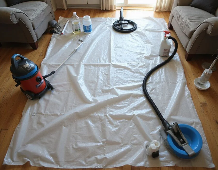 Coolbest technician setting up drop sheets and tools in an HDB living room before work