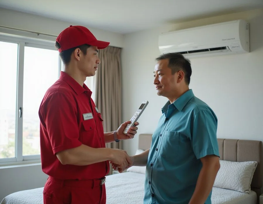 Coolbest technician demonstrating the remote control to a homeowner after installation handover