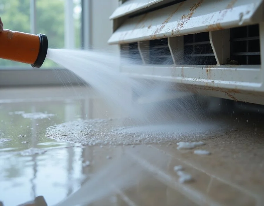Technician using a high-pressure water jet to flush the evaporator coil