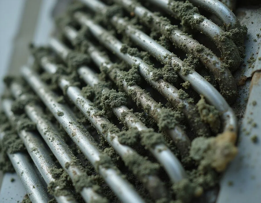 Close-up of a mould-blocked evaporator coil before a Coolbest chemical overhaul