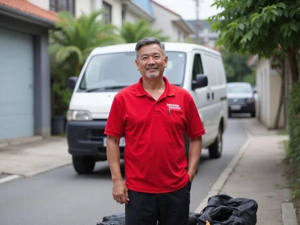 Mr Chong, Coolbest Aircon founder, beside the company van with his toolbag