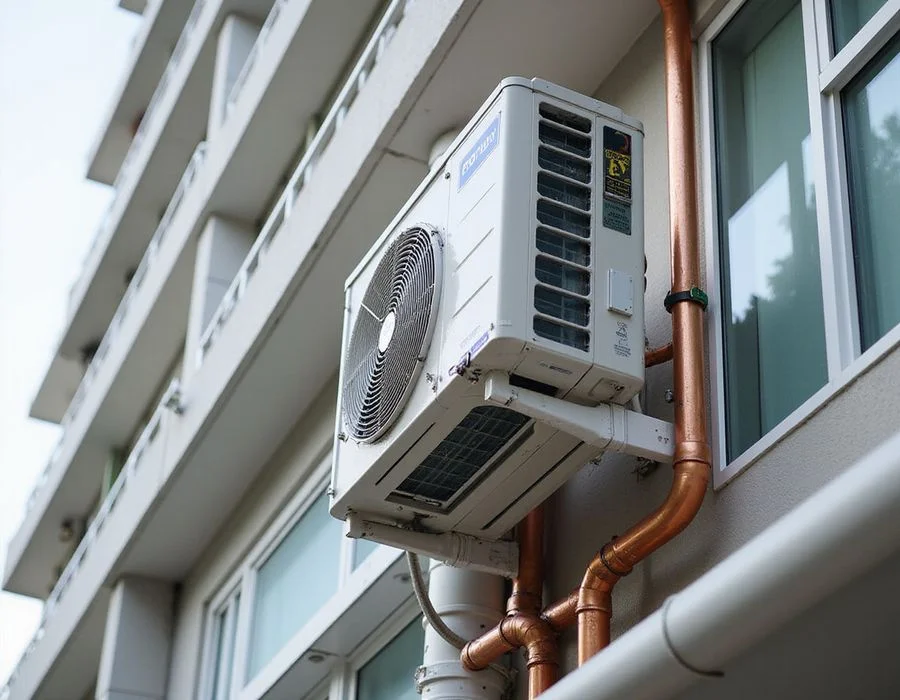 Completed multi-split aircon installation on a condominium balcony