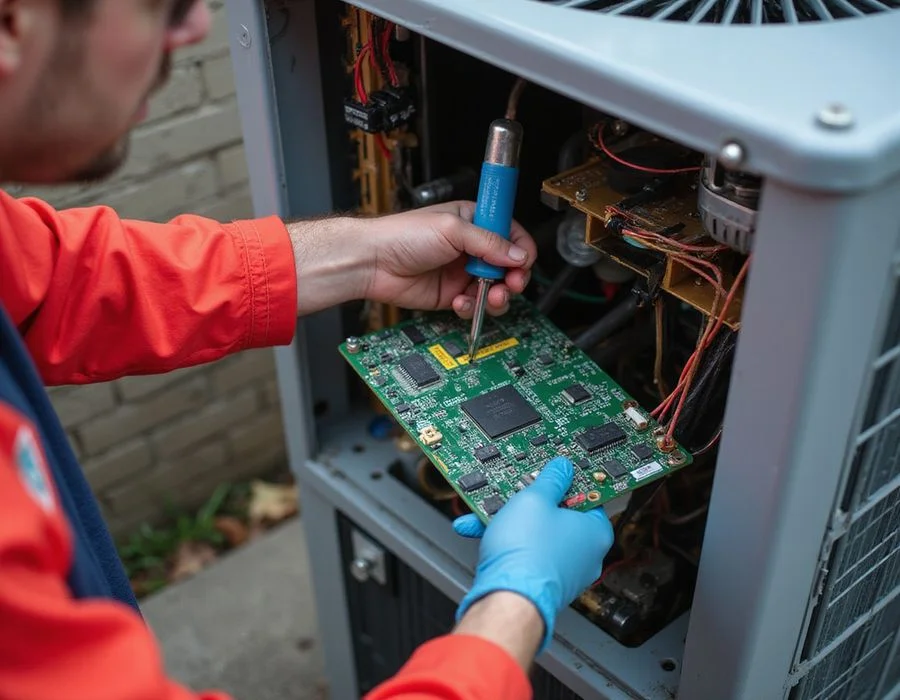 Printed circuit board being replaced inside an outdoor condenser unit