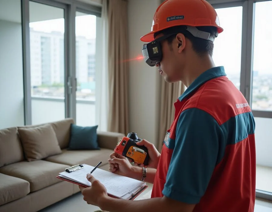 Coolbest technician measuring room dimensions during a BTU sizing site survey