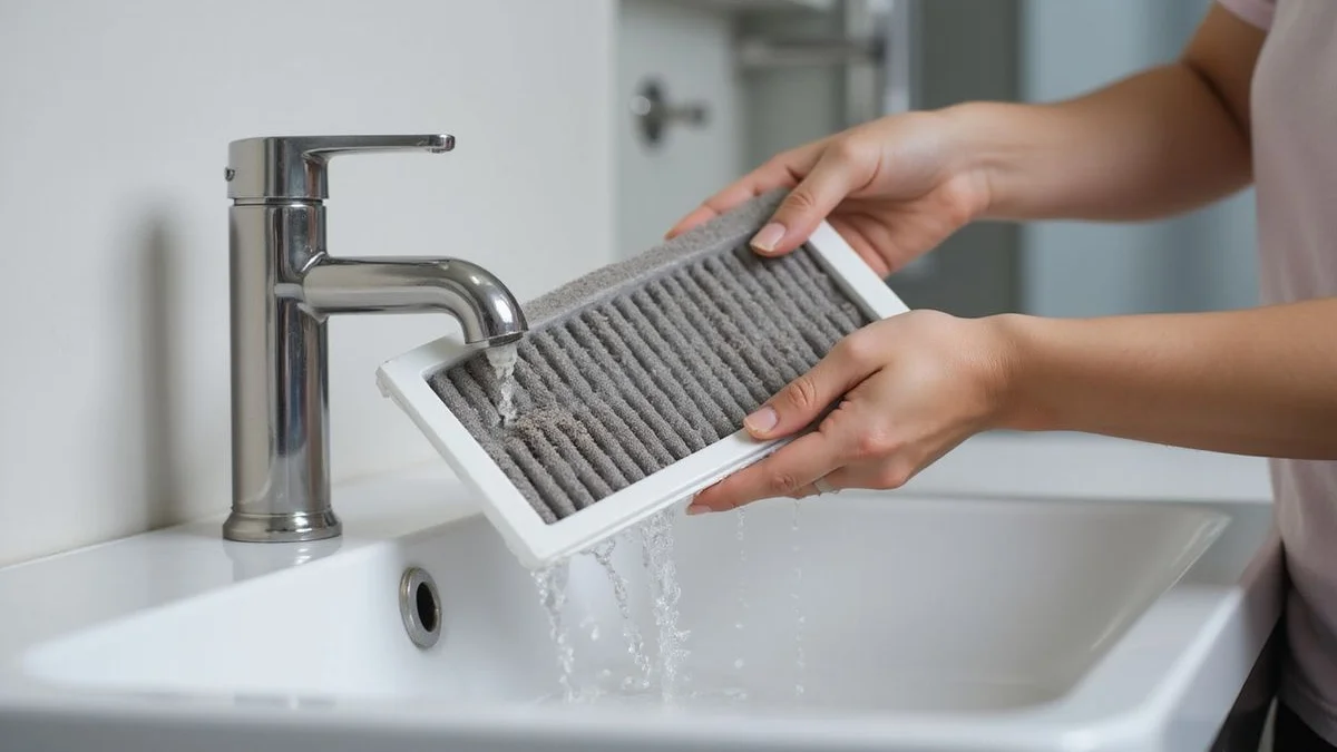 Split-panel comic pop-art illustration comparing DIY filter rinse with professional fan coil dismantling