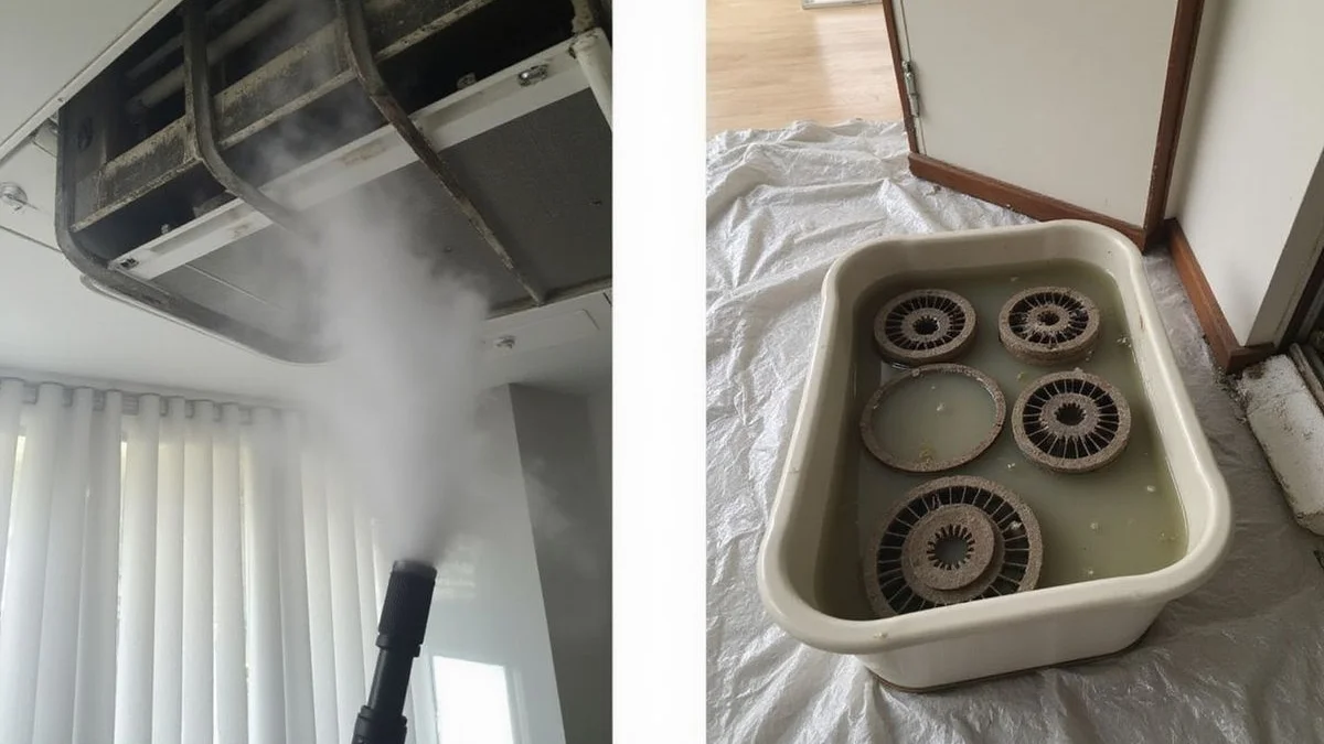 Comic pop-art dual illustration comparing steam cleaning versus chemical wash for aircon