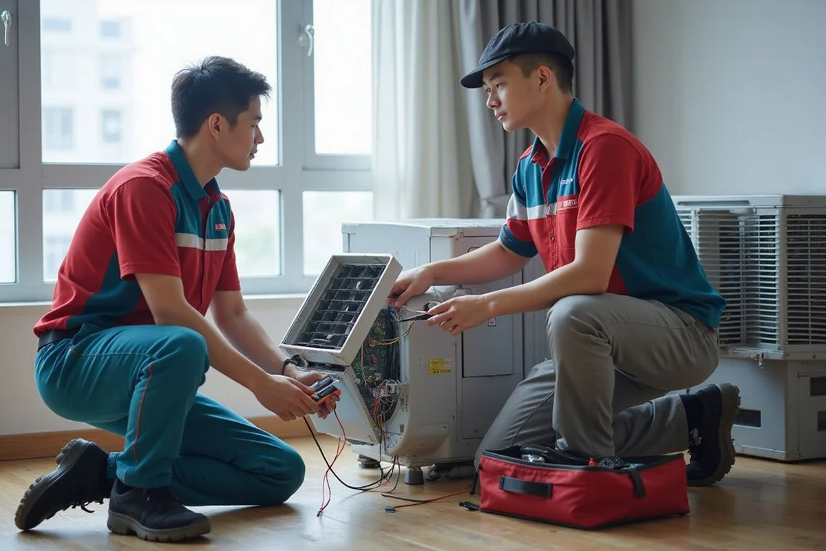 Coolbest technician using a multimeter to diagnose an aircon fault on an HDB wall-mounted unit