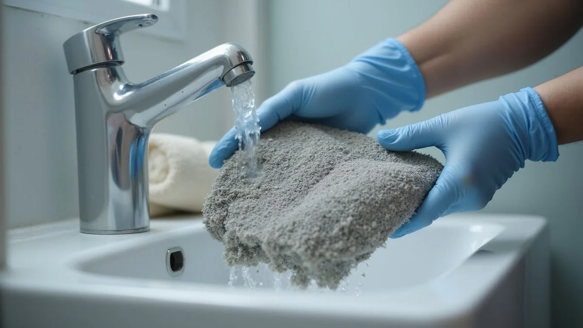Close-up of Coolbest technician's gloved hands rinsing a dust-packed aircon filter under running water