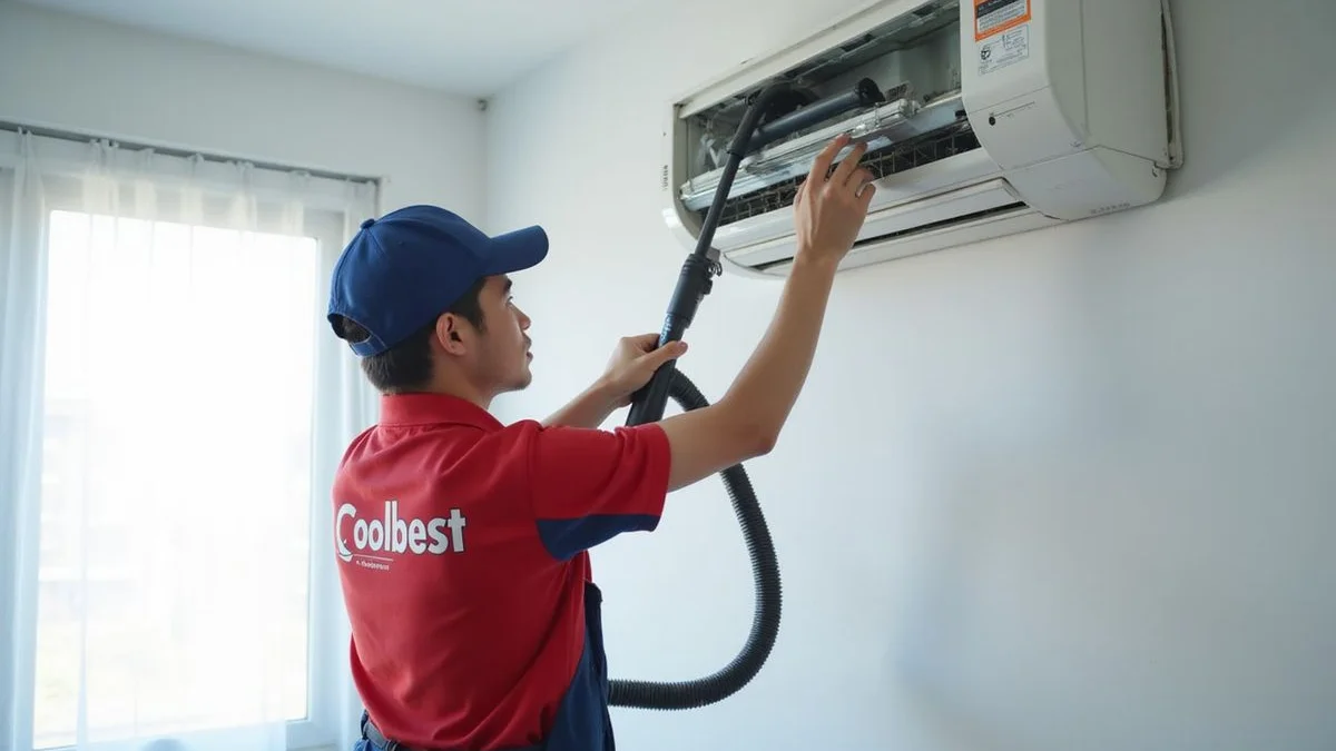 Coolbest technician in blue uniform servicing a wall-mounted split aircon in a Singapore HDB living room, comic pop-art style