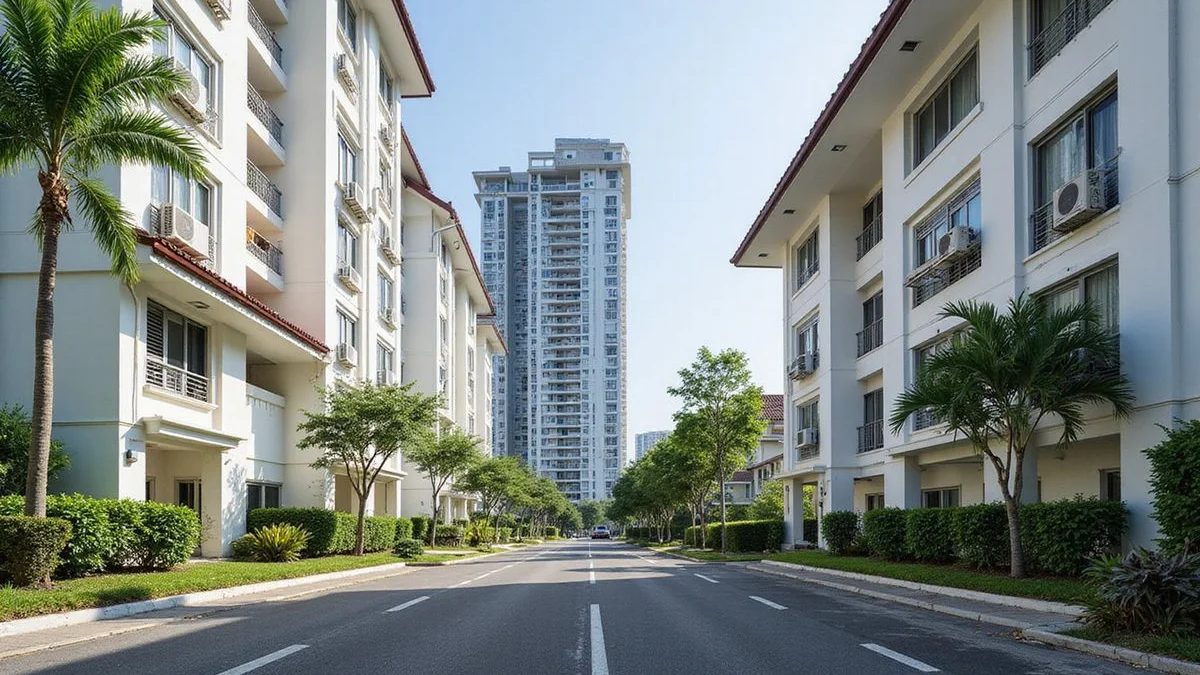 Comic pop-art illustration of three Singapore housing types (HDB, condo, landed) with aircon ledges highlighted