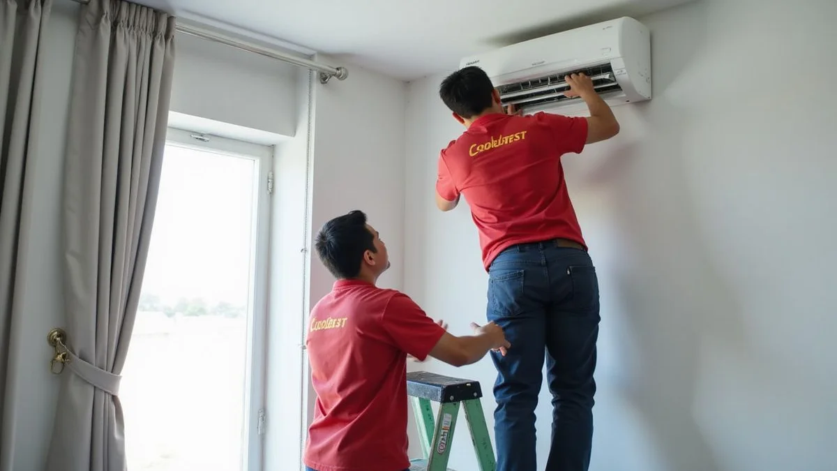 Comic pop-art illustration of two technicians mounting a new aircon fan coil on the wall with a ladder and tools